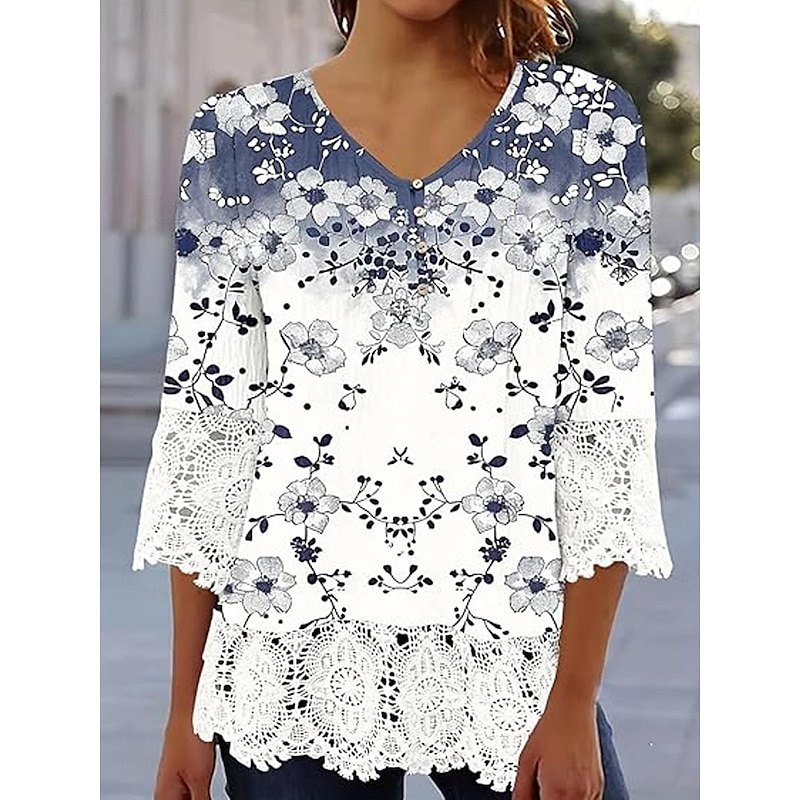 Elegant Ombre Floral Lace Button Tunic with 3/4 Sleeves for Women – Stylish Casual V Neck Summer & Spring Wear