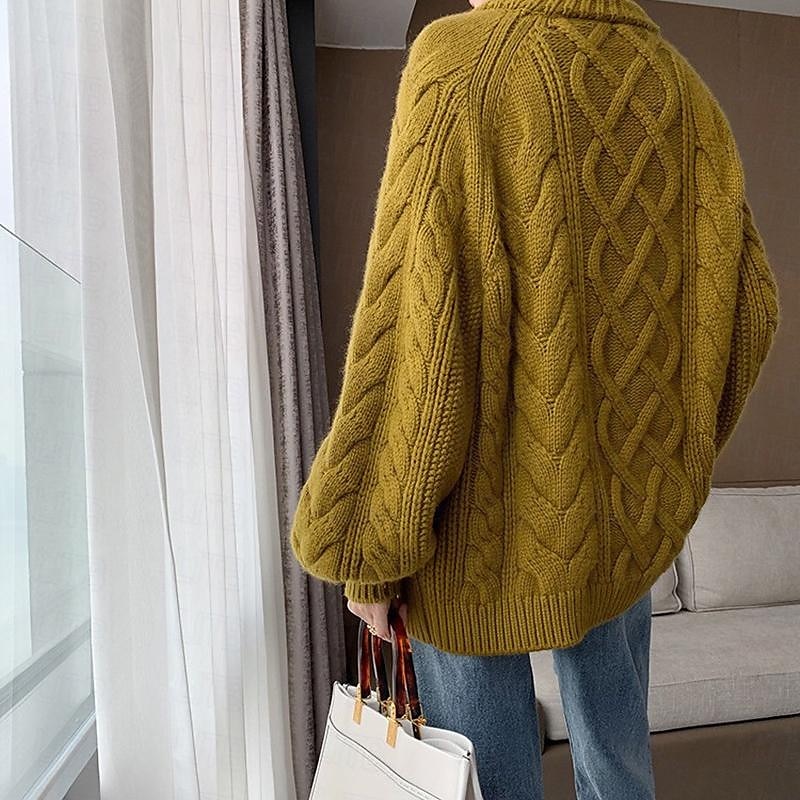 Fall & Winter Women's Knitted Pullover Sweater - Soft Cable Knit Crew Neck Jumper for Casual Outfits, Outdoor Activities & Valentine's Day in Yellow & Red