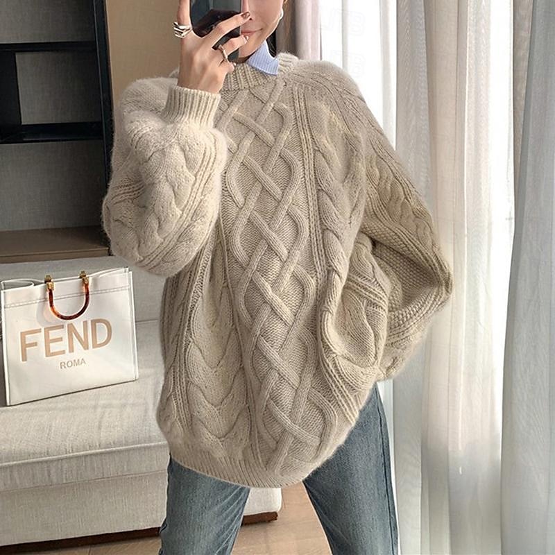 Fall & Winter Women's Knitted Pullover Sweater - Soft Cable Knit Crew Neck Jumper for Casual Outfits, Outdoor Activities & Valentine's Day in Yellow & Red