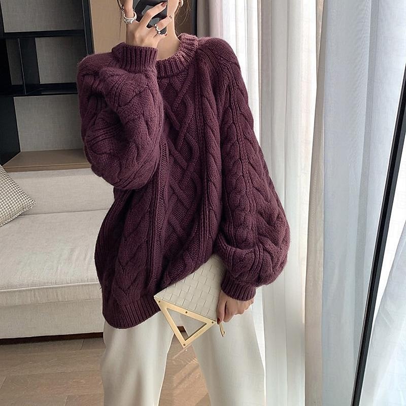 Fall & Winter Women's Knitted Pullover Sweater - Soft Cable Knit Crew Neck Jumper for Casual Outfits, Outdoor Activities & Valentine's Day in Yellow & Red